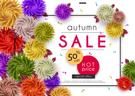 Autumn Sale. 3D stylized multicolored flowers with leaves. Abstract floral origami pattern. Paper art. Vector illustrationのイラスト素材
