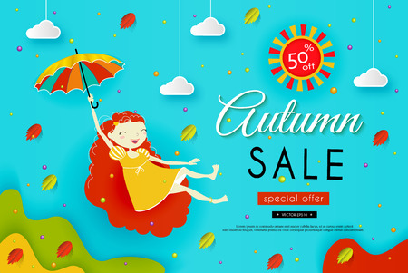 Autumn sale. Paper art. Girl with red hair flies with an umbrella. Sky, clouds, yellow and red leaves fall. Vector illustration, concept.のイラスト素材
