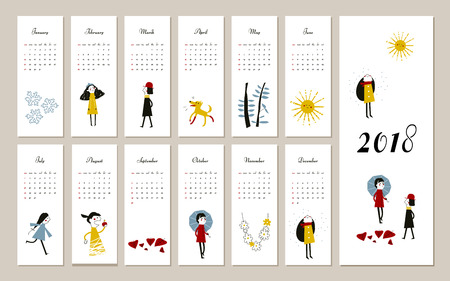 Creative calendar 2018, concept, vector editable template. Graphic illustration of people, dog. Verticalのイラスト素材