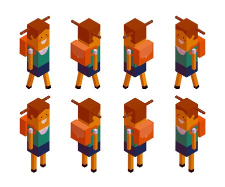 Back to school, schoolchildren, schoolgirl. Creative people collection. 3d girl in school uniform with a knapsack stands and goes. Set of isometric characters. Vector illustration isolated on whiteのイラスト素材