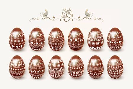 Happy Easter, Elegant festive design, Chocolate Easter eggs, realistic, set, decorated with ornament, Bunny, Lettering, Vector illustration.のイラスト素材