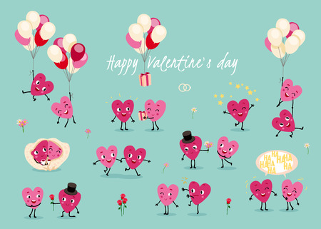 A set of animated hearts, a loving guy and a girl in different situations. Isolated groups of characters for Valentine's Day.のイラスト素材