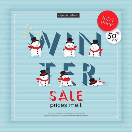 Winter sale. Prices melt. Creative advertising banner illustrated with melting snowmens. Vector illustrationのイラスト素材
