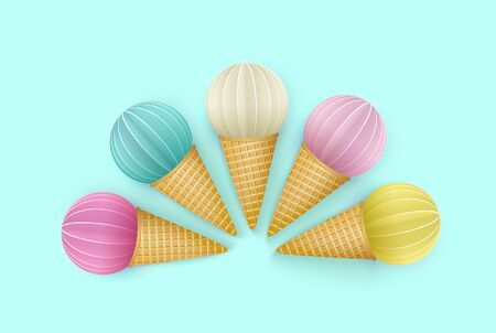 Set of ice cream cone, Punchy Pastels style. Isolated 3D Objects for Advertising ice cream, Vacation, Summer time. Paper cut. Vector Illustration.のイラスト素材