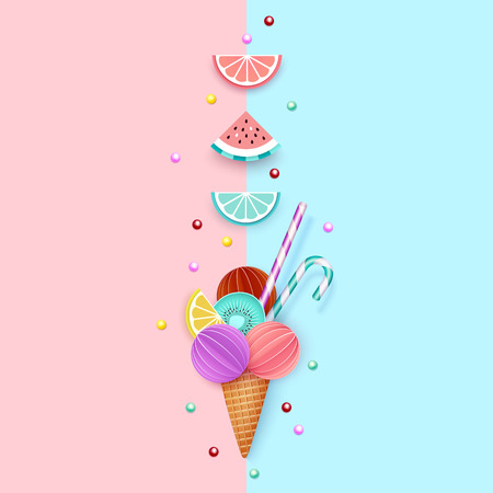 Ice cream cone, Fruit, Background, 3D, Pastel. Abstract images of ice cream, lime, lemon, orange, kiwi and watermelon in paper cut style. Minimal summer food concept. Vector illustrationのイラスト素材