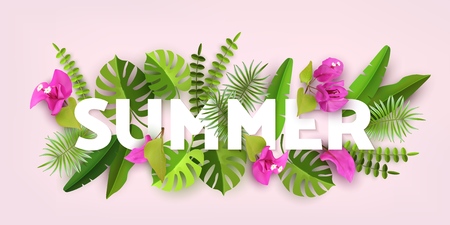 Trendy Summer Tropical Leaves and Plants. Green abstract background with tropical foliage. Cut paper vector Designのイラスト素材