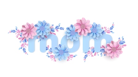 Mom Word decorated with paper flowers Happy Christmas Tree. Women's Day, March 8 Paper cut Floral greeting card.のイラスト素材