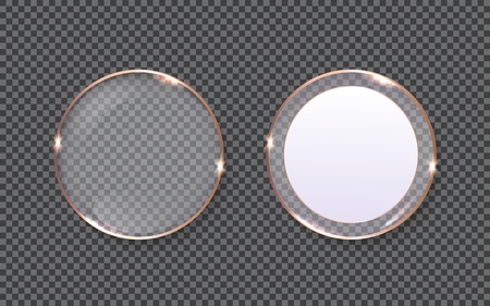 Glass plates shapes with copper edging isolated on simulated transparent checkered background.のイラスト素材