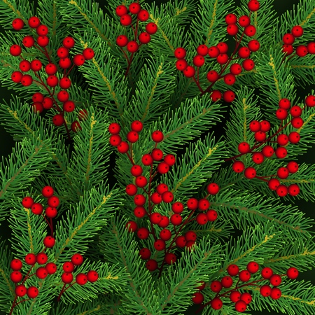 Christmas background with branches of Christmas tree and holly berries Realistic festive backdrop Vector illustrationのイラスト素材