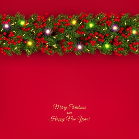 Christmas and New Year banner of realistic branches of Christmas tree, garland with glowing light bulbs, holly berries, serpentine Festive background Vector illustrationのイラスト素材