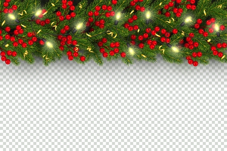 Christmas and New Year horizontal border Realistic branches of Christmas tree, garland with glowing lightbulbs, holly berries, serpentine Element for festive design isolated on transparent backgroundのイラスト素材