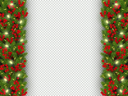 Christmas and New Year banner template Realistic branches of Christmas tree, garland with glowing lightbulbs, holly berries, serpentine Festive background Vector illustrationのイラスト素材