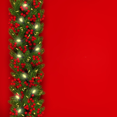 Christmas and New Year banner template Realistic branches of Christmas tree, garland with glowing lightbulbs, holly berries, serpentine Festive red background Vector illustrationのイラスト素材