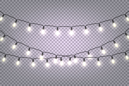 Glowing light bulbs Christmas and New Year realistic garlands isolated on transparent background Xmas decorations for festive design of postcards, banners, posters, websites Vector design elementsのイラスト素材