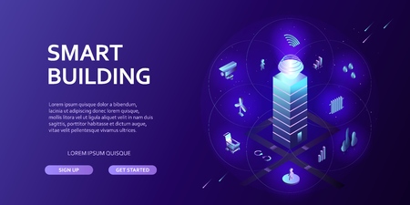 3D smart building Infographics Isometric concept Automation control system of intelligent building Engineering systems, safety Abstract city environment with new technologiesのイラスト素材