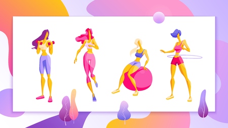 Woman workout fitness, pilates, aerobic Set of girls doing exercise, jogging Modern flat design concept Vector Illustrationのイラスト素材