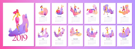 2019 Female monthly fitness calendar New Year 2019 in trendy gradient design with illustrations of beautiful slender girls performing exercises Vector illustrationのイラスト素材