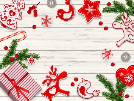 Abstract christmas background, red and white stylized Scandinavian decorations, branches of Christmas tree and holly berries lying on blue wooden surface with place for text, vector illustrationのイラスト素材