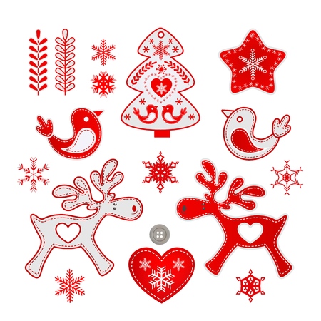 Red and white Christmas Scandinavian handmade decorations with Nordic patterns, Vector illustration isolated on whiteのイラスト素材