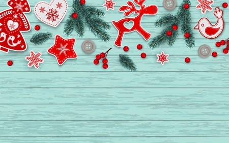 Abstract christmas border, red and white stylized Scandinavian decorations, branches of Christmas tree, snowflakes and holly berries lying on blue wooden desk with place for text, vector illustrationのイラスト素材