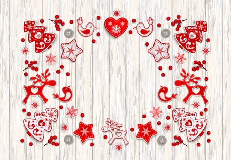 Christmas frame with an ornament of red and white stylized Nordic Christmas decorations on white painted wooden boards with space for text , vector illustrationのイラスト素材