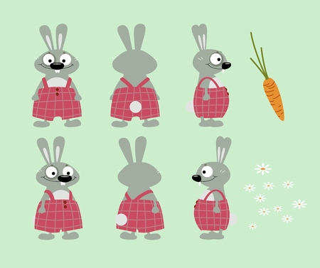 Set of funny plump hares or rabbits in plaid pants and in various angles, a character for children's design or computer game, vector illustrationのイラスト素材