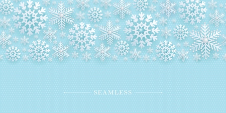 Seamless border with decorative openwork 3D snowflakes decorated with beads. Winter, New Year, Christmas element for holiday and advertising design, Vector illustrationのイラスト素材