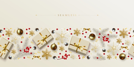 Christmas New Years seamless border, golden on white background with Xmas decorations snowflakes, balls, boxes of gifts, fir branches, holly berries. Vector element for festive advertising designのイラスト素材