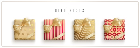 Gift boxes with festive pattern tied with satin ribbons and decorated with realistic bows, top view. Set of golden and red objects for festive design and advertising, vector illustrationのイラスト素材