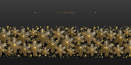 Christmas and New Years golden ornamental snowflakes, seamless border on black background. Vector element for holiday design and advertising isolated on dark backgroundのイラスト素材