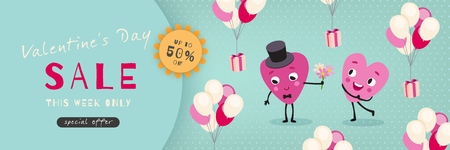 Valentines Day Sale, Advertising Banner with funny cartoon hearts. Horizontal holiday template for Valentine's Day discounts, promotions, sales. Vector illustrationのイラスト素材