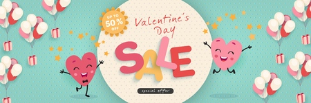 Valentines Day Sale, Advertising Banner with funny cartoon hearts. Horizontal holiday template for Valentine's Day discounts, promotions, sales. Vector illustrationのイラスト素材