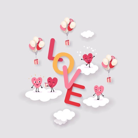 Love and Heart Background for Valentine's Day, Wedding, Engagement. Surround text with funny animated hearts on clouds, festive design, vector illustrationのイラスト素材