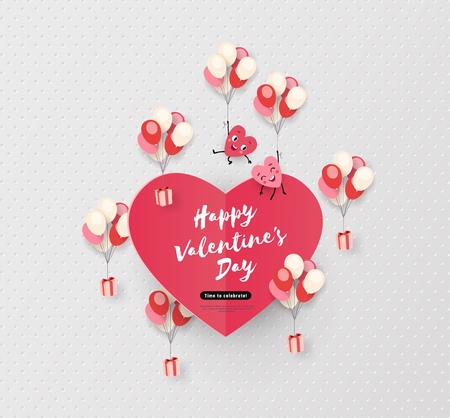Happy Valentines day card, holiday background with cute animated hearts, minimal design, vector illustrationのイラスト素材