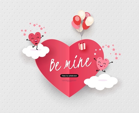 Be mine, Happy Valentine's Day greeting card with a pair of animated hearts, a love story, declaration of love. Romantic vector illustration suitable for wedding, engagementのイラスト素材