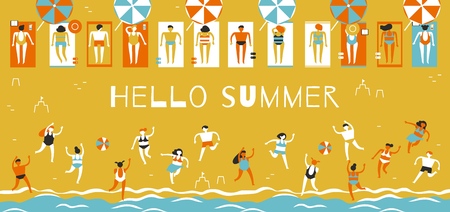 Men and women in bathing suits sunbathe on the beach and play beach volleyball. Trend abstract flat illustration for advertising seasonal and tourist recreation. Vector illustrationのイラスト素材