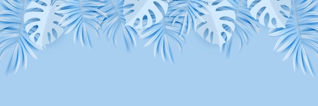 Vector tropical horizontal banner with silvery and blue palm leaves on light blue backdrop. Exotic hawaiian jungle winter design, wintertime background. Pastel minimal styleのイラスト素材