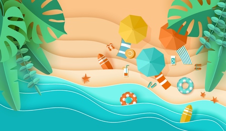 Beach top view background with sea waves, sand, tropical leaves, umbrella, deck chair, surfboard, starfish, ball, cocktail, beach sandals, lifebuoy papercut, Place for text, paper craft aerial viewのイラスト素材