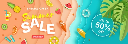 Summer sale, maritime vector background with a beach, sea waves, tropical leaves, fruits, lifebuoys, surfboards, text. Advertising horizontal banner in paper style cut top viewのイラスト素材