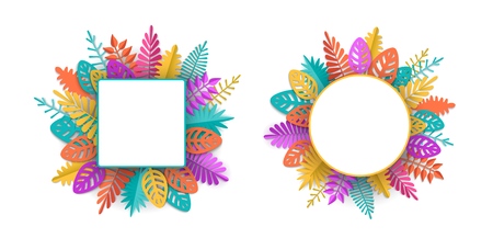 Spring, summer or autumn banner with a place for text surrounded by bright colorful leaves in the style of papercut, the design element can be used in the advertising of the offer, vector illustrationのイラスト素材