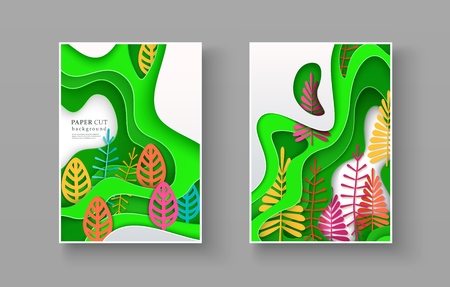 Set of seasonal banners with layered shapes and colorful leaves in paper cut style. The color...