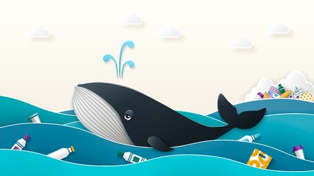 A blue whale swims in the ocean past the island of debris in the waves floating plastic bottles and packaging.のイラスト素材