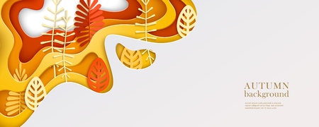 Autumn horizontal banner with multi layered shapes and leaves in paper cut style. Yellow, orange, red, white color palette. The effect of 3D in papercraft art. Vectorのイラスト素材