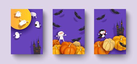 Happy Halloween 3d design, paper cut pumpkin, castle, medieval castle, vampire, mummy, bat, moon.のイラスト素材