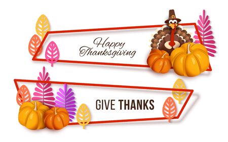 Happy thanksgiving banner, set of decorative holiday frames with turkey, pumpkin, stylized autumn leaves and plants.のイラスト素材