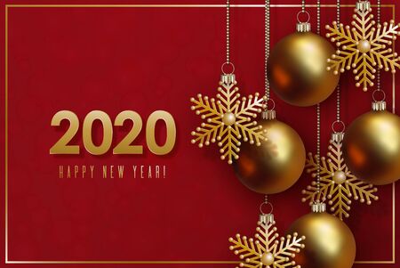 2020 New Year and Christmas design. Golden 3D balls and decorative snowflakes hang on gold chains on...