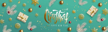 Christmas and New Year design, white Christmas tree branch, realistic gold red balls, gift box, golden snowflakes on mint background. Hand lettering inscription. Festive horizontal vector bannerのイラスト素材