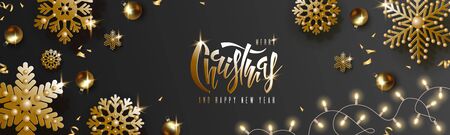 Christmas and New Year design, gold balls, golden snowflakes, garland with luminous bulbs, lettering on black background. Festive horizontal template. Vector illustrationのイラスト素材