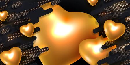 Valentines day banner. Black and golden creative background with realistic gold metal 3d hearts, beautiful poster for festive 14 February, vector illustrationのイラスト素材
