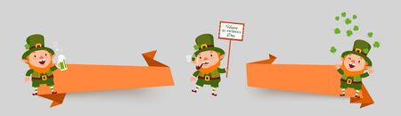 St. Patricks Day set of banners with leprechauns, smoking pipe, shamrock clover, a pint of green beer in national colors. Isolated stickers for festive design with place for textのイラスト素材